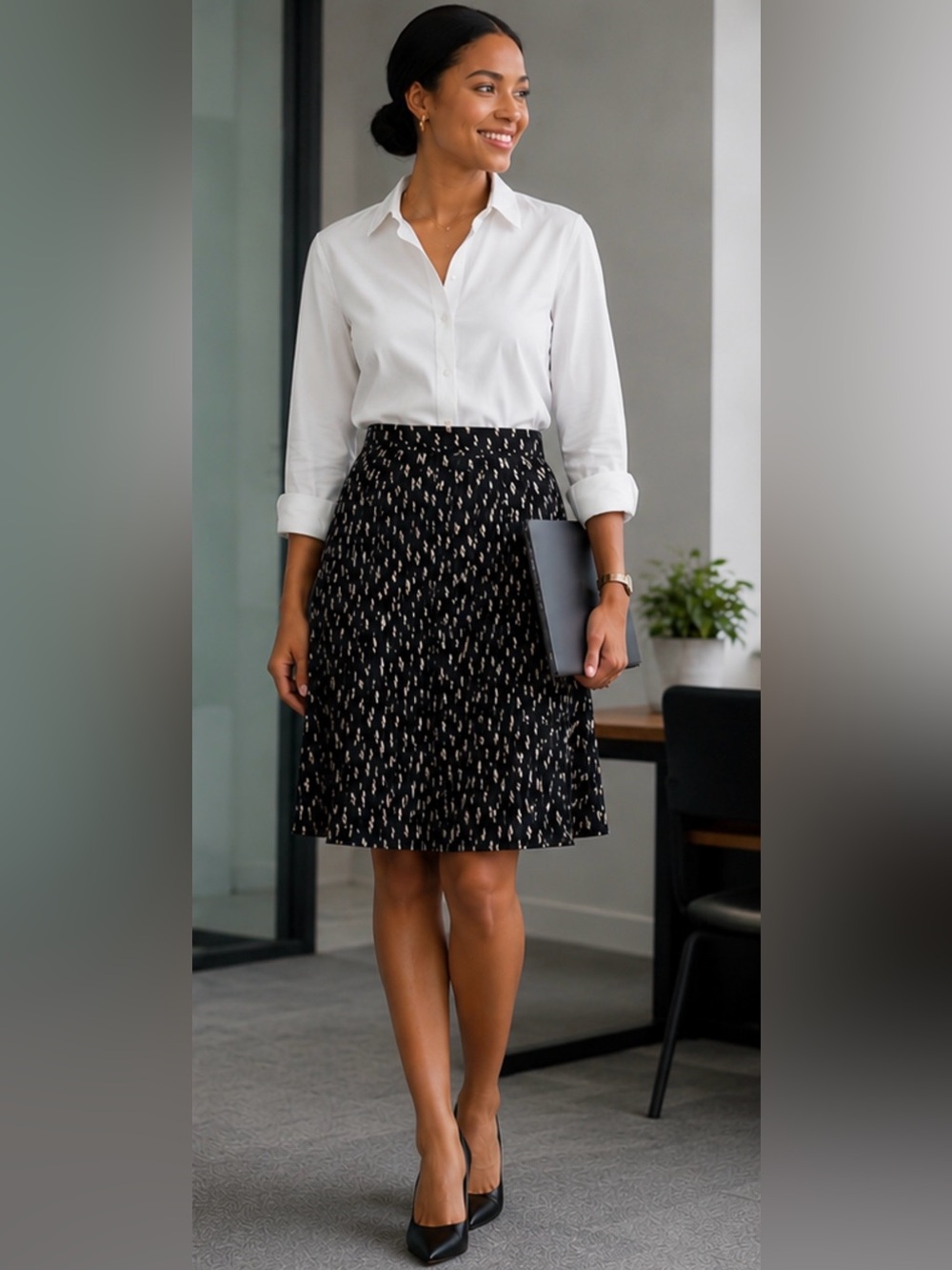 Ann Taylor Skirt - Navy and Cream Printed Pleated Circle Skirt